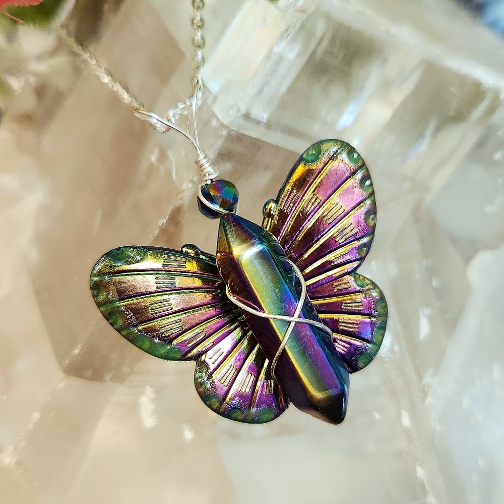 Crystal Butterfly Necklace, Glow in the Dark Rainbow Aura Wire Wrap Crystal